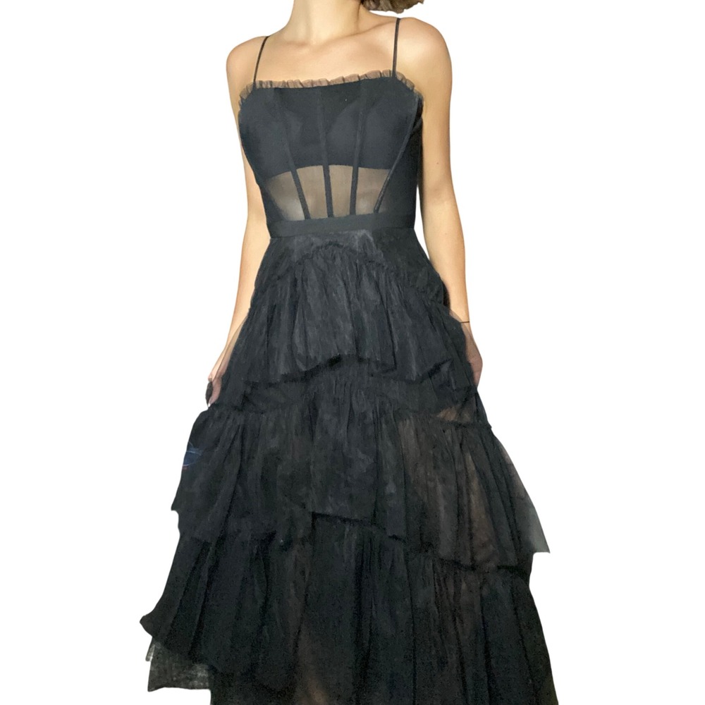 BCBGMAXAZRIA Dark Feminine Black Tulle Corset Maxi Dress Tiered Layered Sheer 8